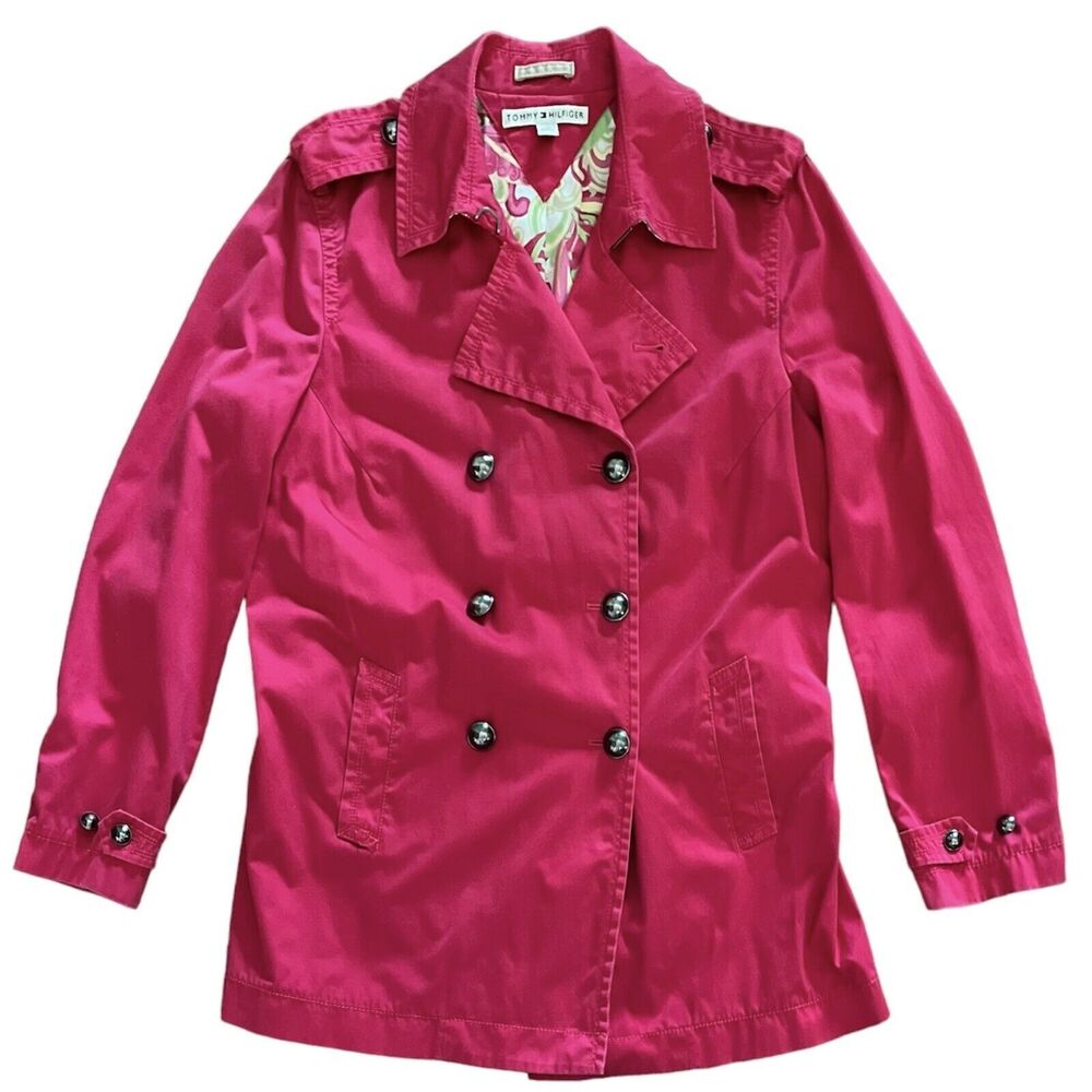 Tommy Hilfiger Women’s L Fuchsia Y2K Double Breasted Trench Style Jacket Cotton